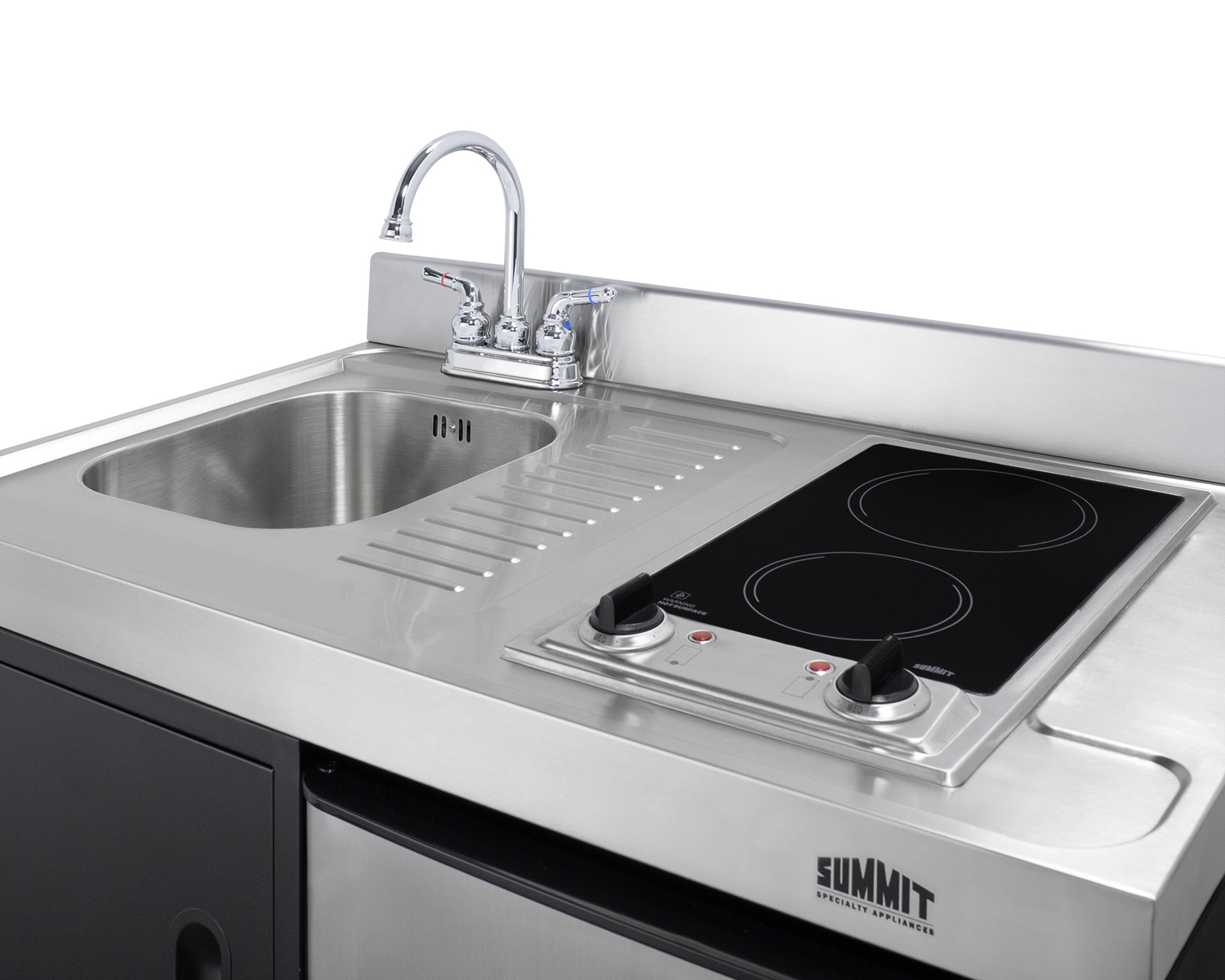 36 inch wide all-in-one kitchenette in black with a 2-burner 115V smooth-top cooktop, 2-door refrigerator-freezer, sink, and storage cabinet